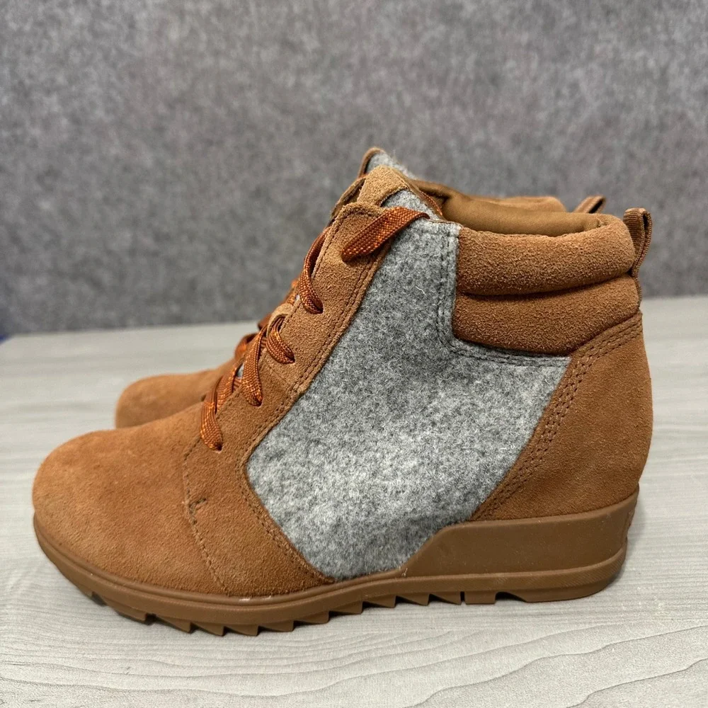 Sorel Evie Ankle Lace Boot Womens 7.5 Brown Grey Suede Felt Wedge NL4926-242‎